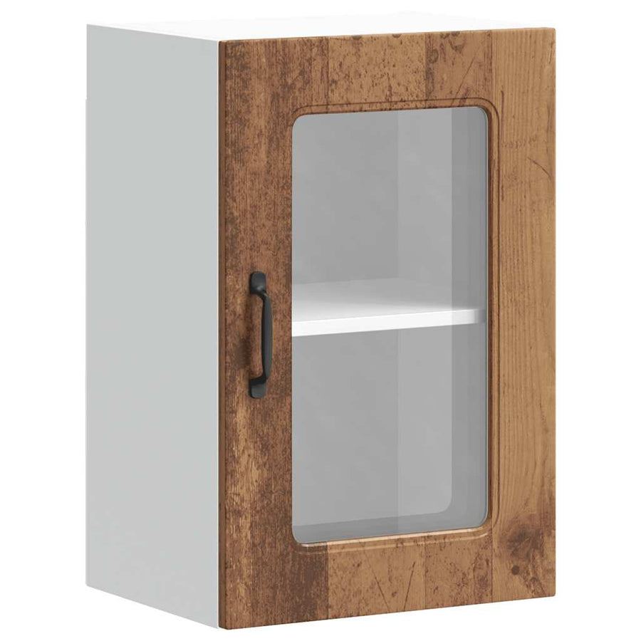 Keukenwandkast met glazen deur bewerkt hout oud houtkleurig