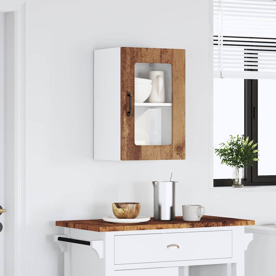 Keukenwandkast met glazen deur bewerkt hout oud houtkleurig
