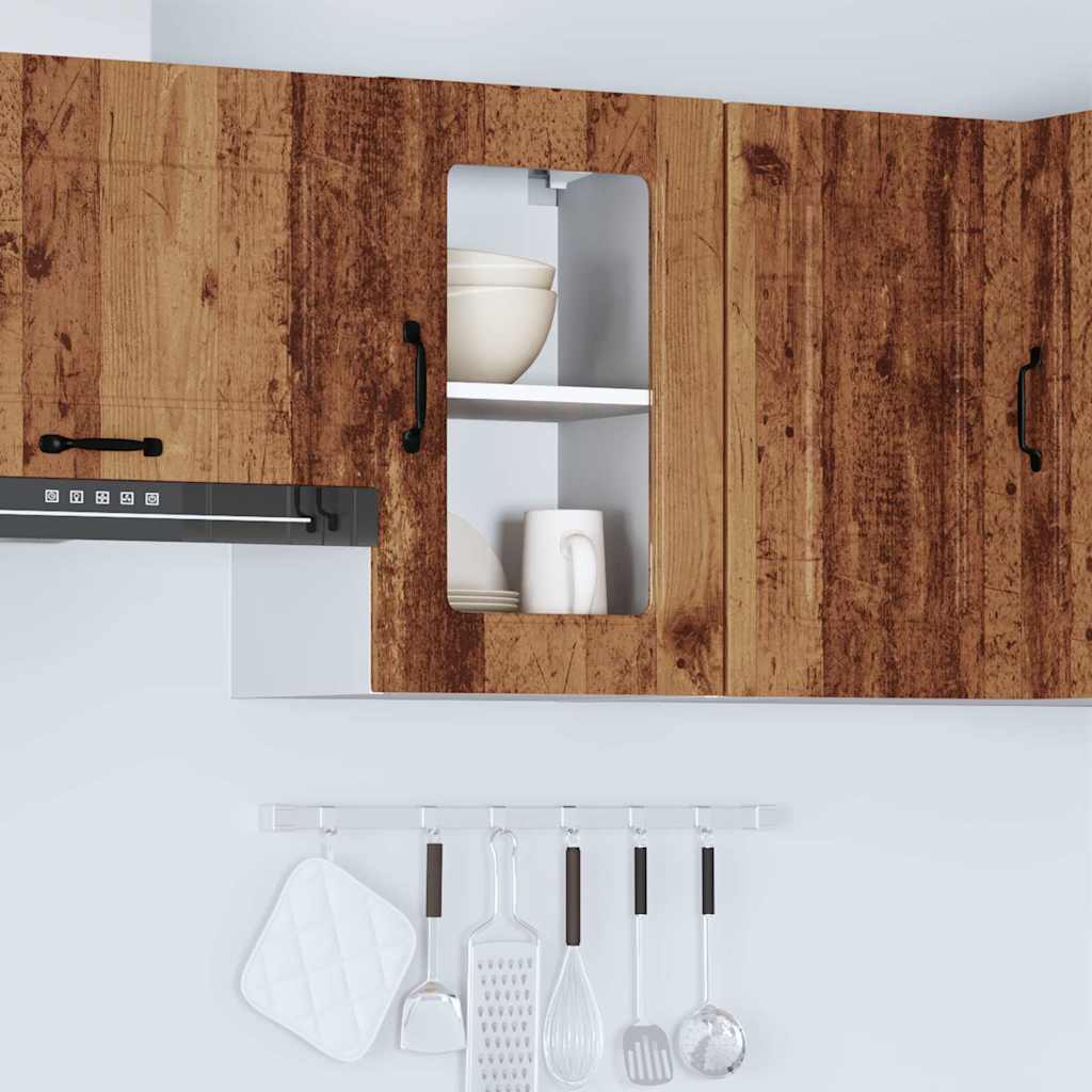 Keukenwandkast met glazen deur bewerkt hout oud houtkleurig