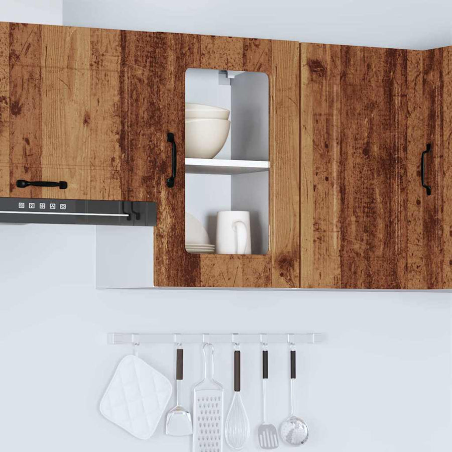 Keukenwandkast met glazen deur bewerkt hout oud houtkleurig