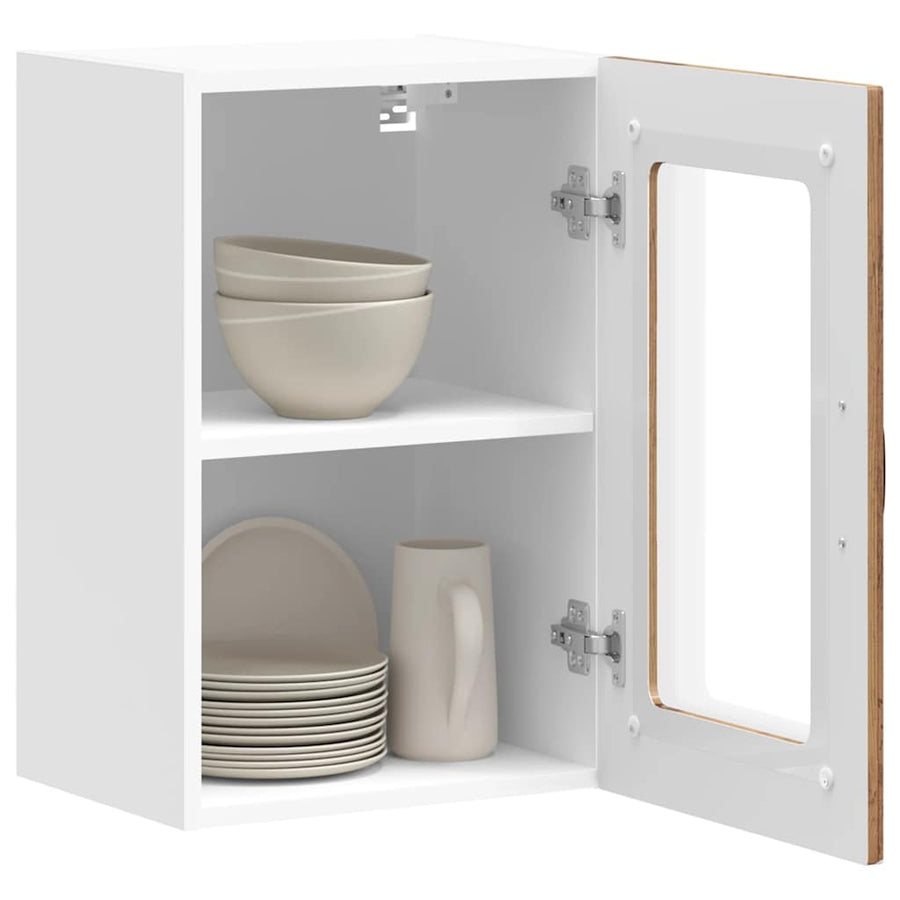 Keukenwandkast met glazen deur bewerkt hout oud houtkleurig