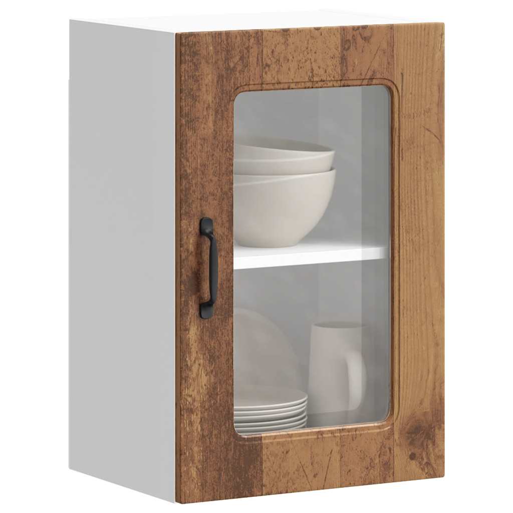 Keukenwandkast met glazen deur bewerkt hout oud houtkleurig