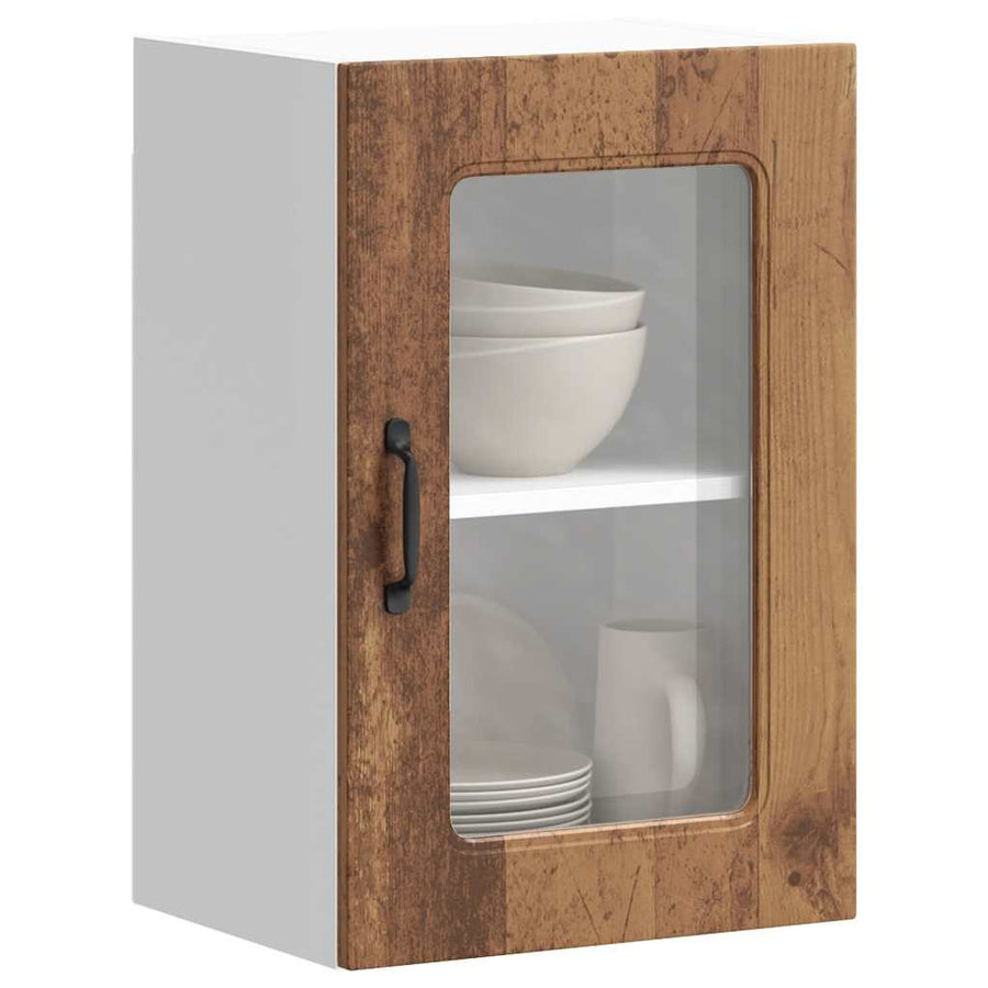 Keukenwandkast met glazen deur bewerkt hout oud houtkleurig