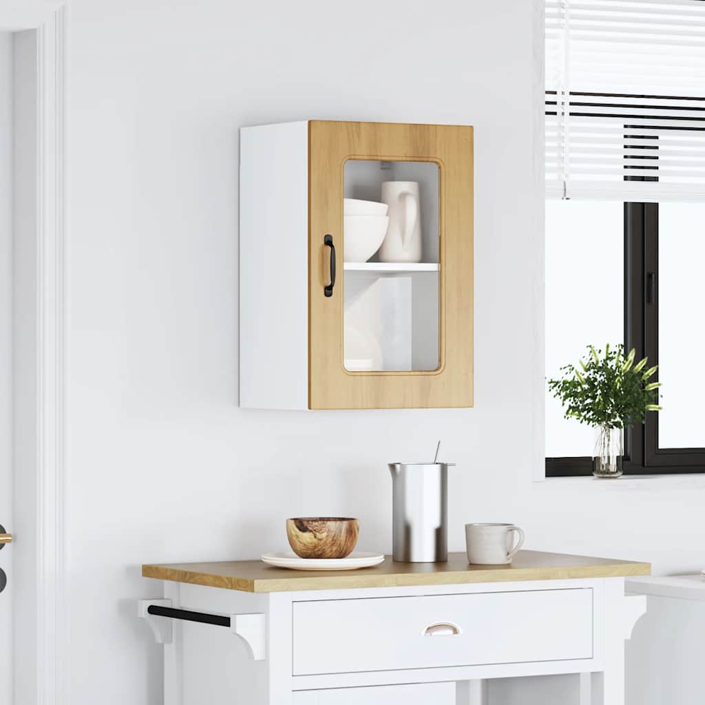 Keukenwandkast met glazen deur bewerkt hout artisanaal eiken