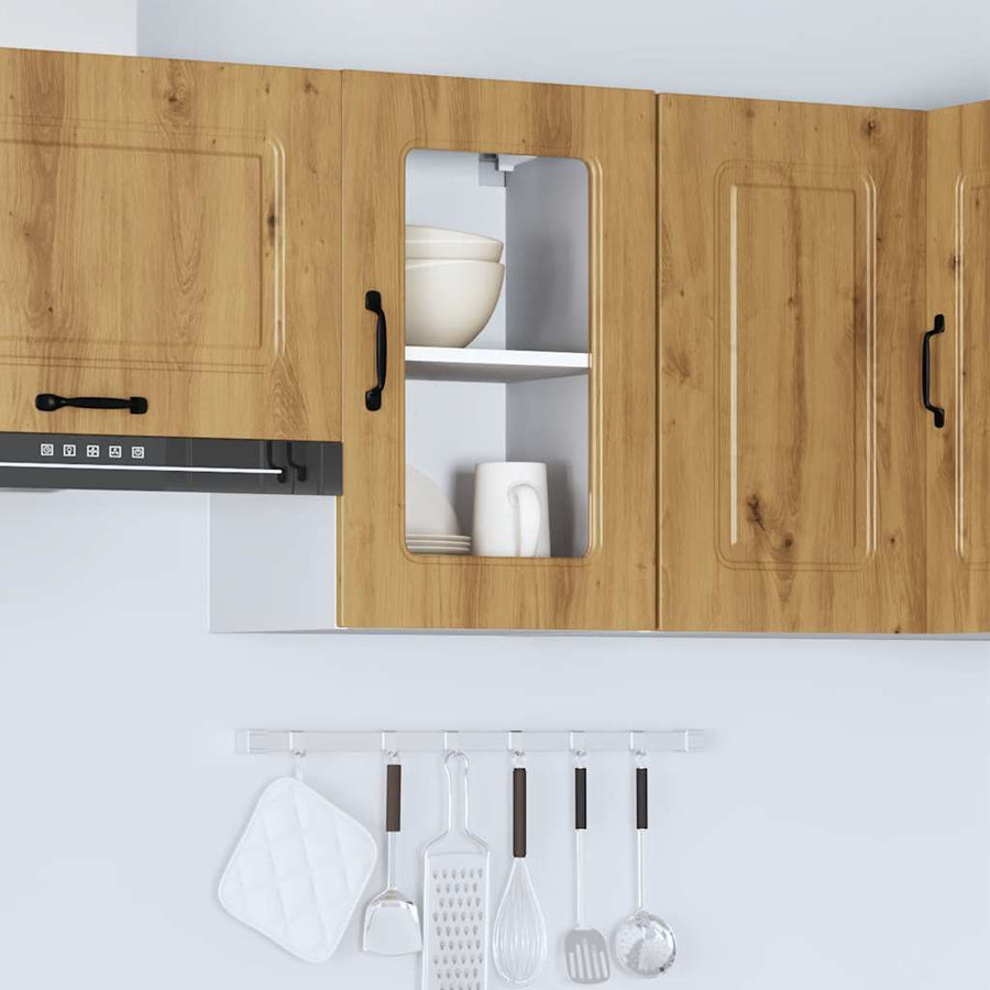 Keukenwandkast met glazen deur bewerkt hout artisanaal eiken