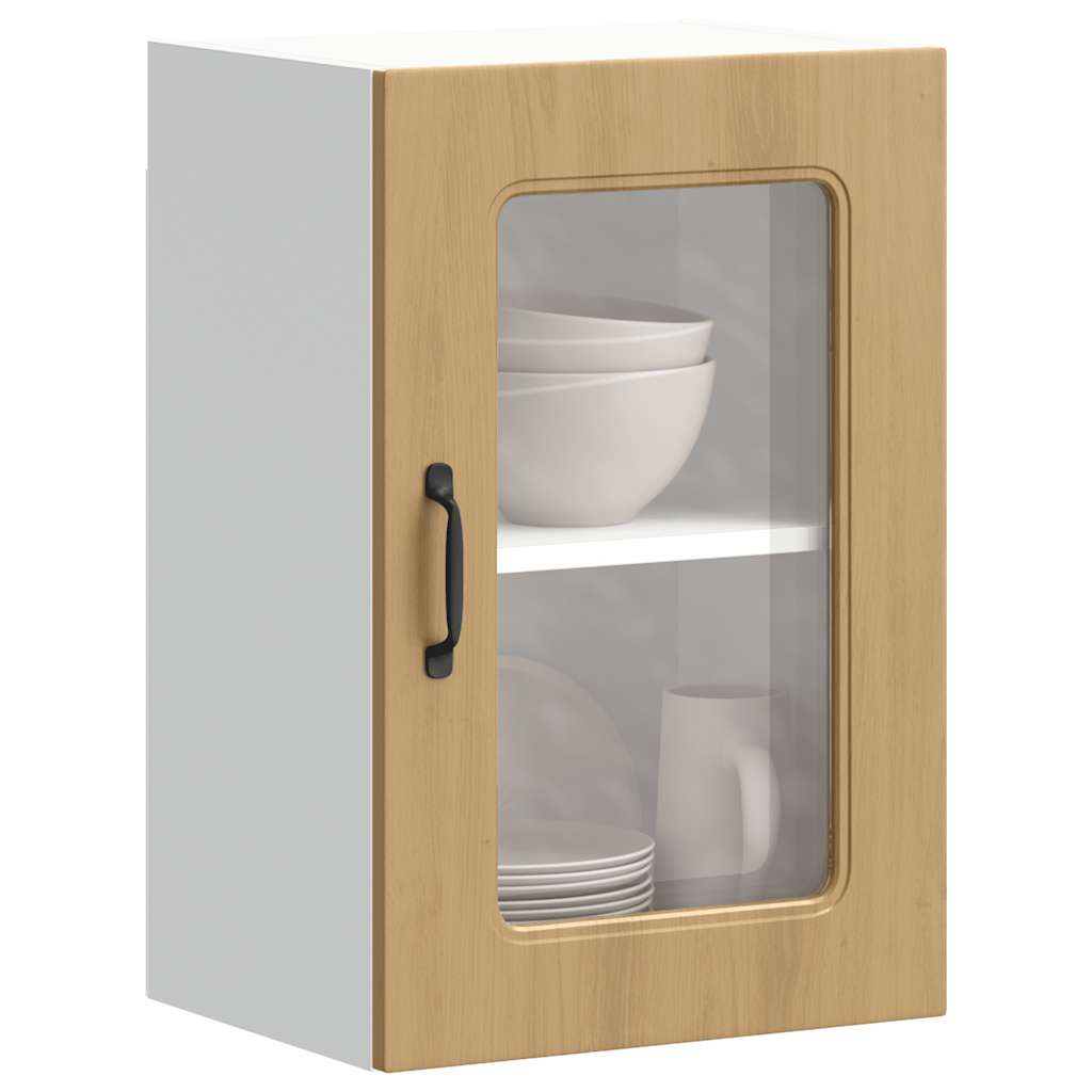 Keukenwandkast met glazen deur bewerkt hout artisanaal eiken