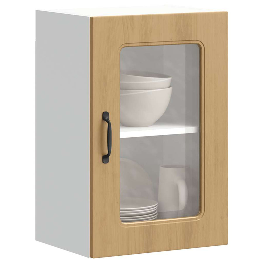 Keukenwandkast met glazen deur bewerkt hout artisanaal eiken