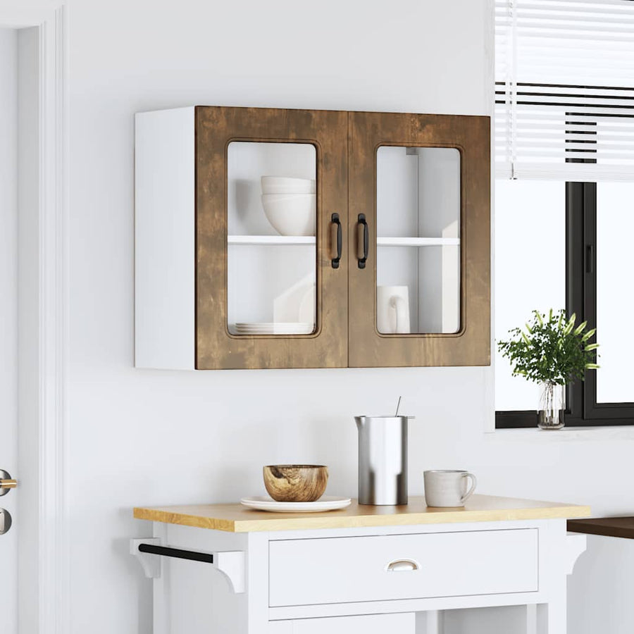 Keukenwandkast met glazen deur bewerkt hout gerookt eikenkleur