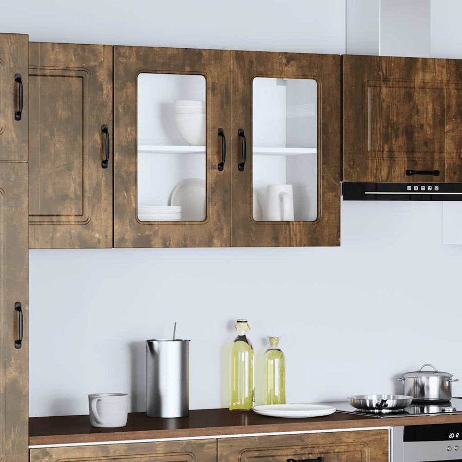 Keukenwandkast met glazen deur bewerkt hout gerookt eikenkleur