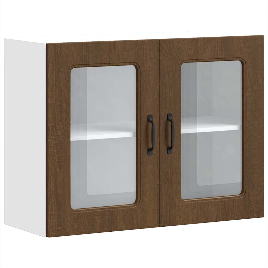 Keukenwandkast met glazen deur bewerkt hout bruin eikenkleur