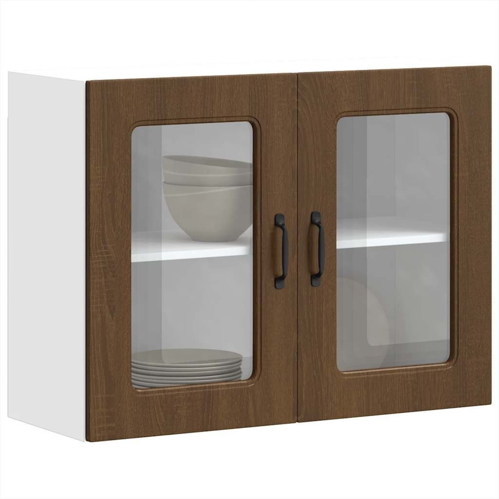 Keukenwandkast met glazen deur bewerkt hout bruin eikenkleur