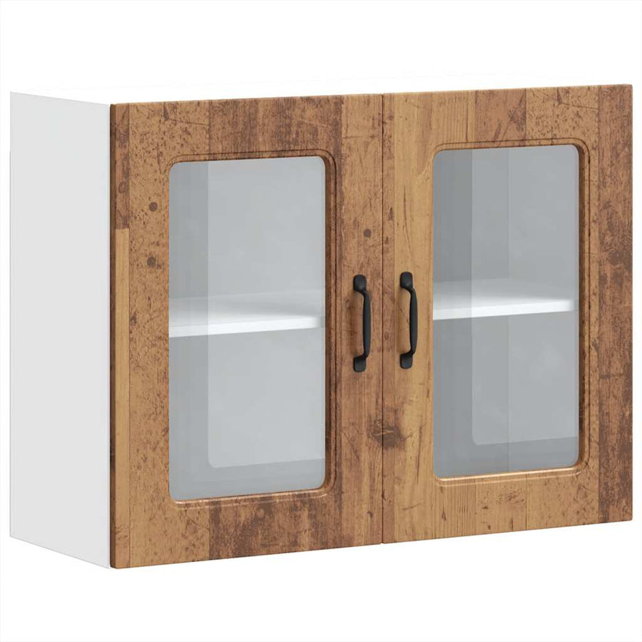 Keukenwandkast met glazen deur bewerkt hout oud houtkleurig