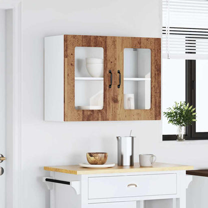 Keukenwandkast met glazen deur bewerkt hout oud houtkleurig