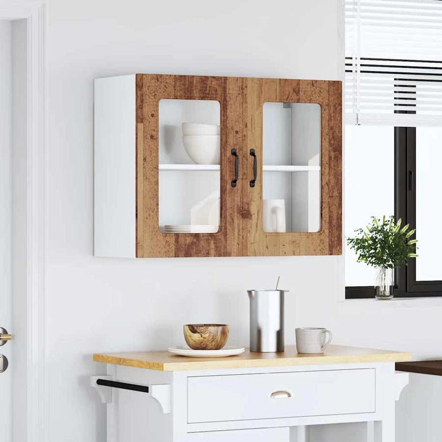 Keukenwandkast met glazen deur bewerkt hout oud houtkleurig