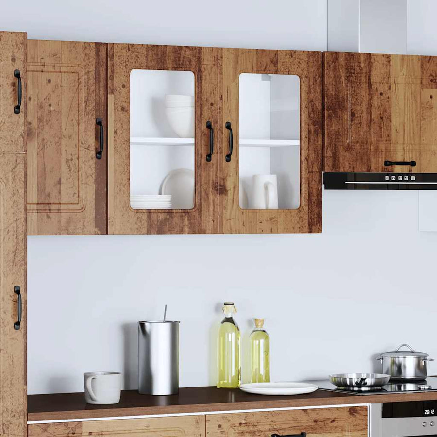 Keukenwandkast met glazen deur bewerkt hout oud houtkleurig