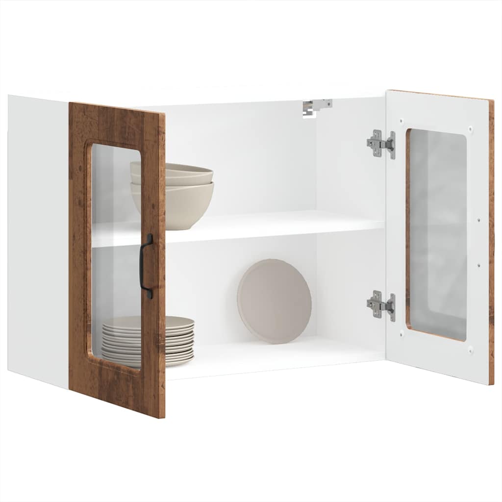 Keukenwandkast met glazen deur bewerkt hout oud houtkleurig