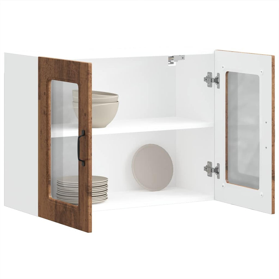 Keukenwandkast met glazen deur bewerkt hout oud houtkleurig