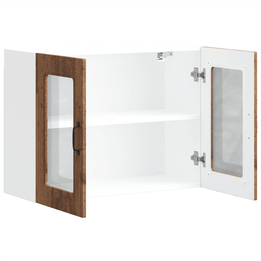 Keukenwandkast met glazen deur bewerkt hout oud houtkleurig