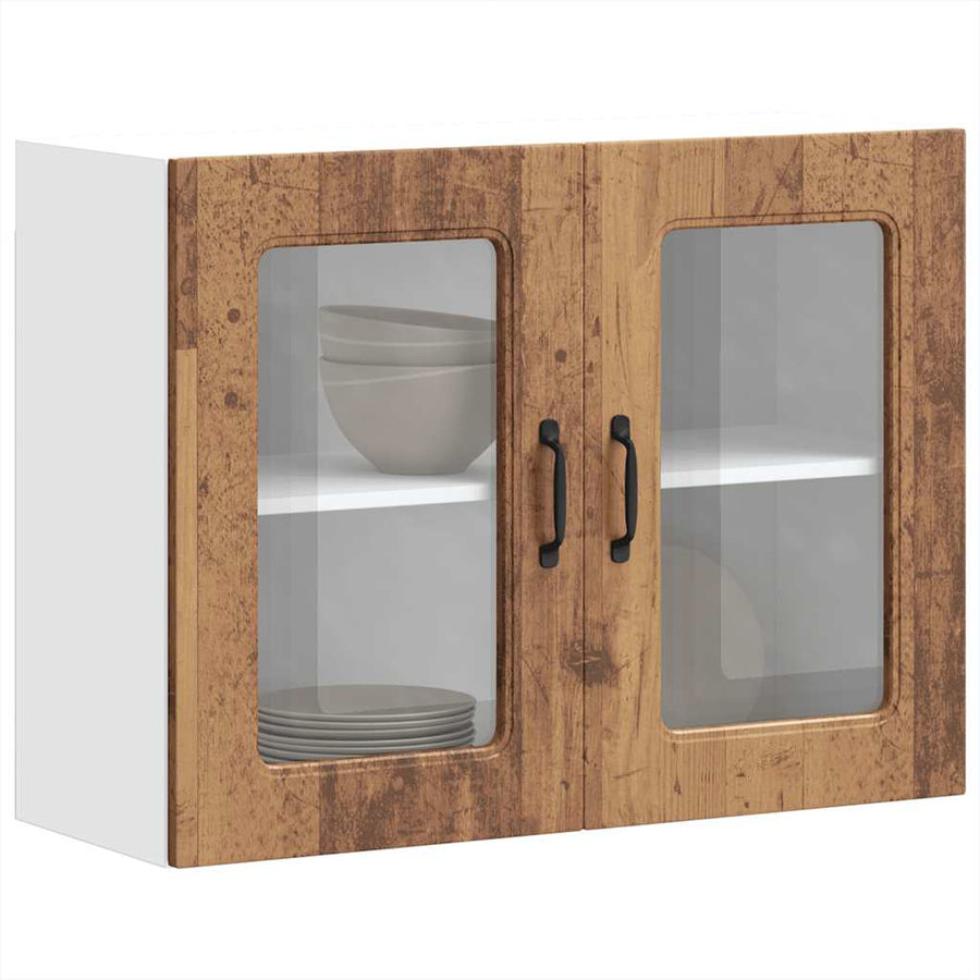 Keukenwandkast met glazen deur bewerkt hout oud houtkleurig
