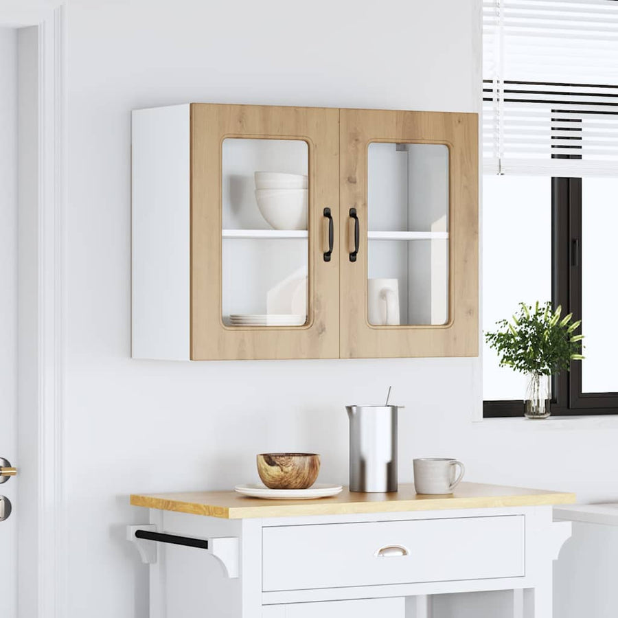 Keukenwandkast met glazen deur bewerkt hout artisanaal eiken