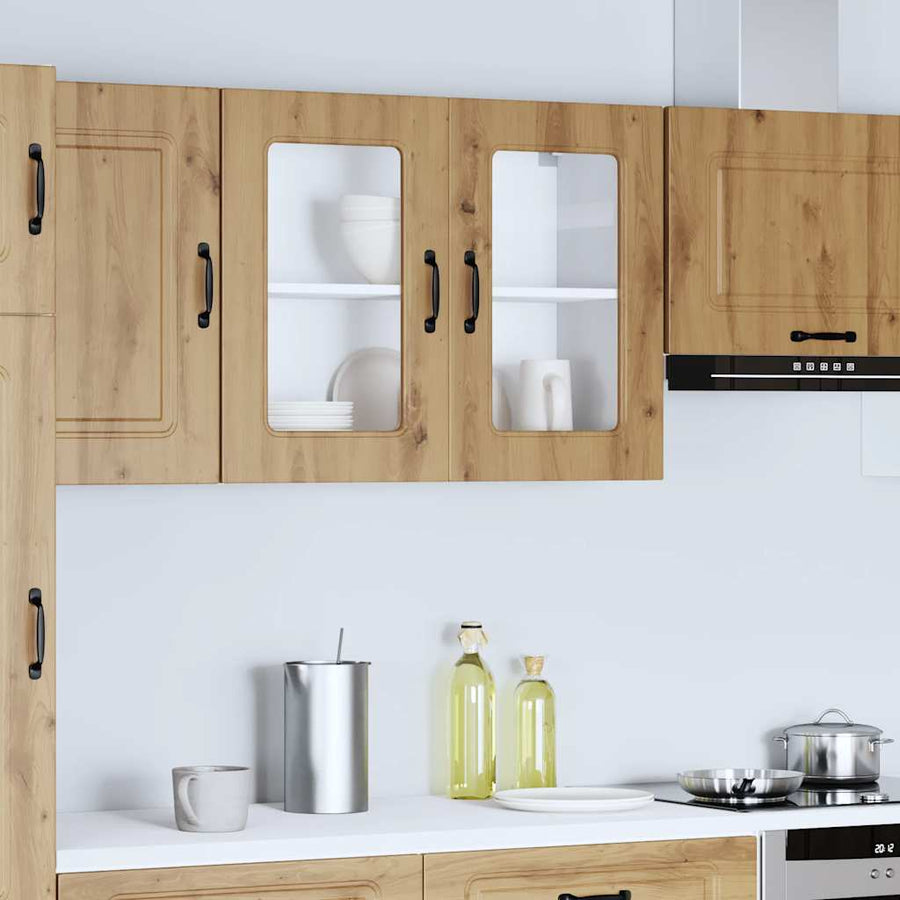 Keukenwandkast met glazen deur bewerkt hout artisanaal eiken