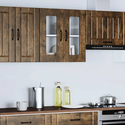 Keukenwandkast met glazen deur bewerkt hout gerookt eikenkleur