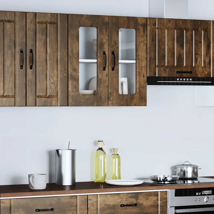 Keukenwandkast met glazen deur bewerkt hout gerookt eikenkleur