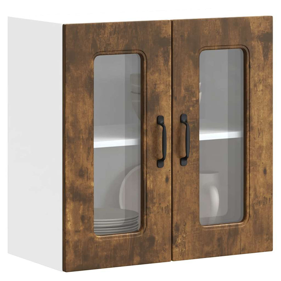 Keukenwandkast met glazen deur bewerkt hout gerookt eikenkleur