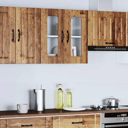 Keukenwandkast met glazen deur bewerkt hout oud houtkleurig