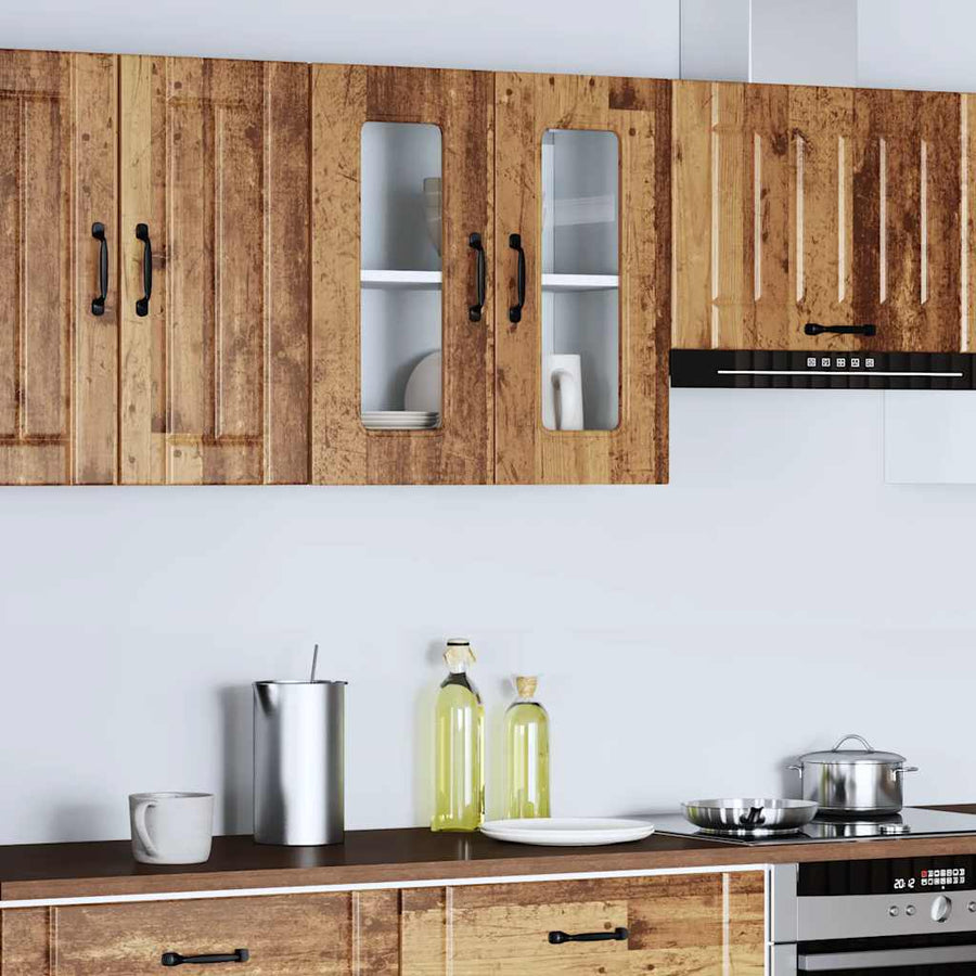 Keukenwandkast met glazen deur bewerkt hout oud houtkleurig