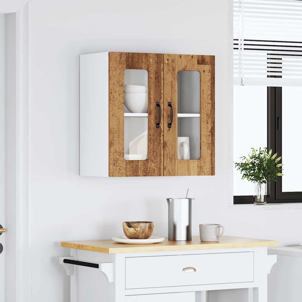 Keukenwandkast met glazen deur bewerkt hout oud houtkleurig