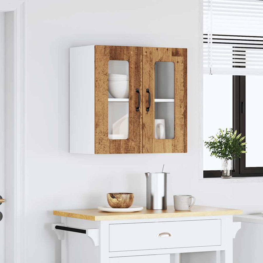 Keukenwandkast met glazen deur bewerkt hout oud houtkleurig