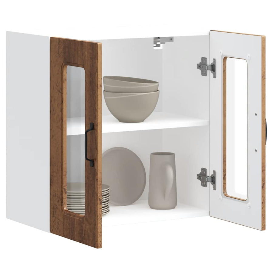 Keukenwandkast met glazen deur bewerkt hout oud houtkleurig