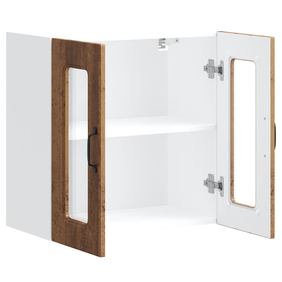 Keukenwandkast met glazen deur bewerkt hout oud houtkleurig
