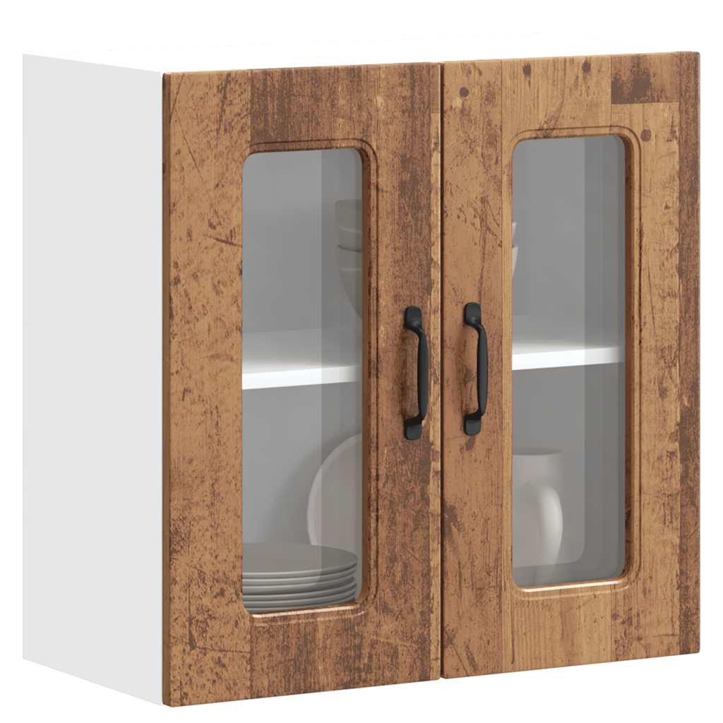 Keukenwandkast met glazen deur bewerkt hout oud houtkleurig