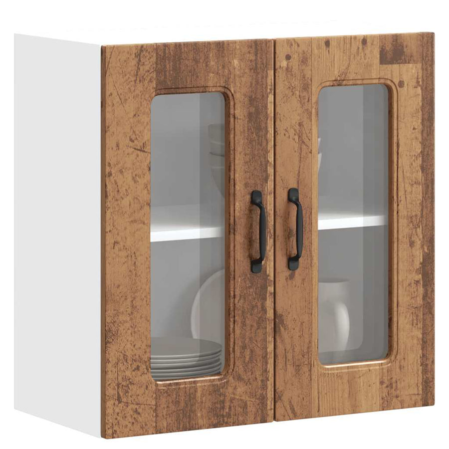 Keukenwandkast met glazen deur bewerkt hout oud houtkleurig