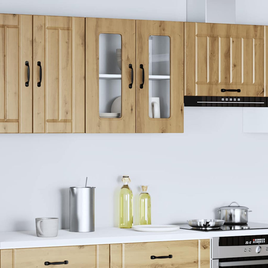 Keukenwandkast met glazen deur bewerkt hout artisanaal eiken