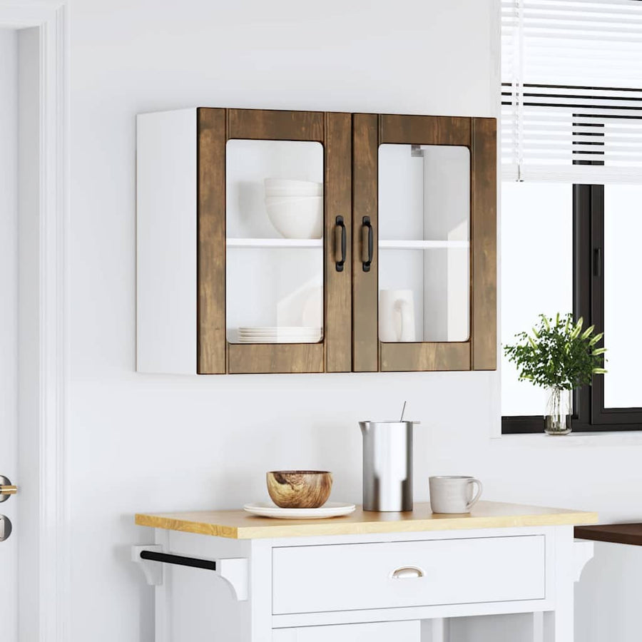 Keukenwandkast met glazen deur bewerkt hout gerookt eikenkleur