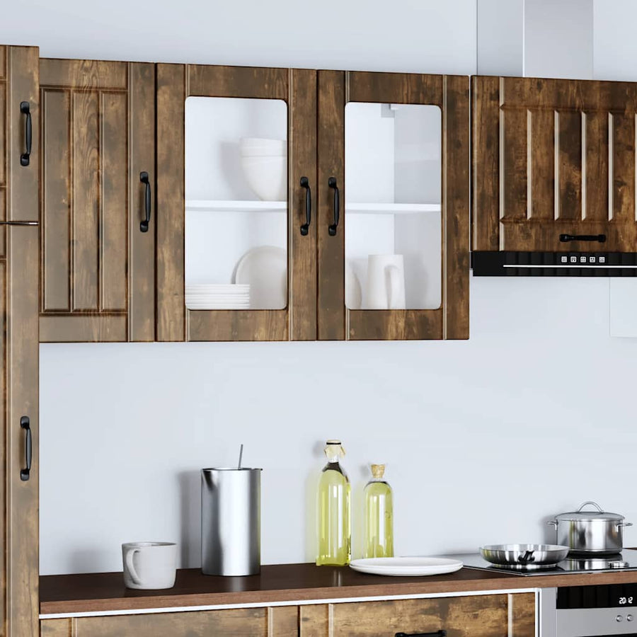 Keukenwandkast met glazen deur bewerkt hout gerookt eikenkleur