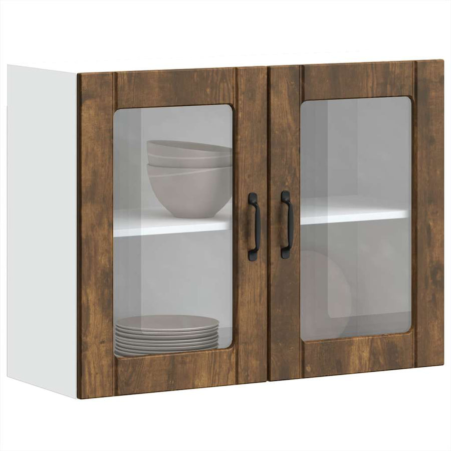 Keukenwandkast met glazen deur bewerkt hout gerookt eikenkleur