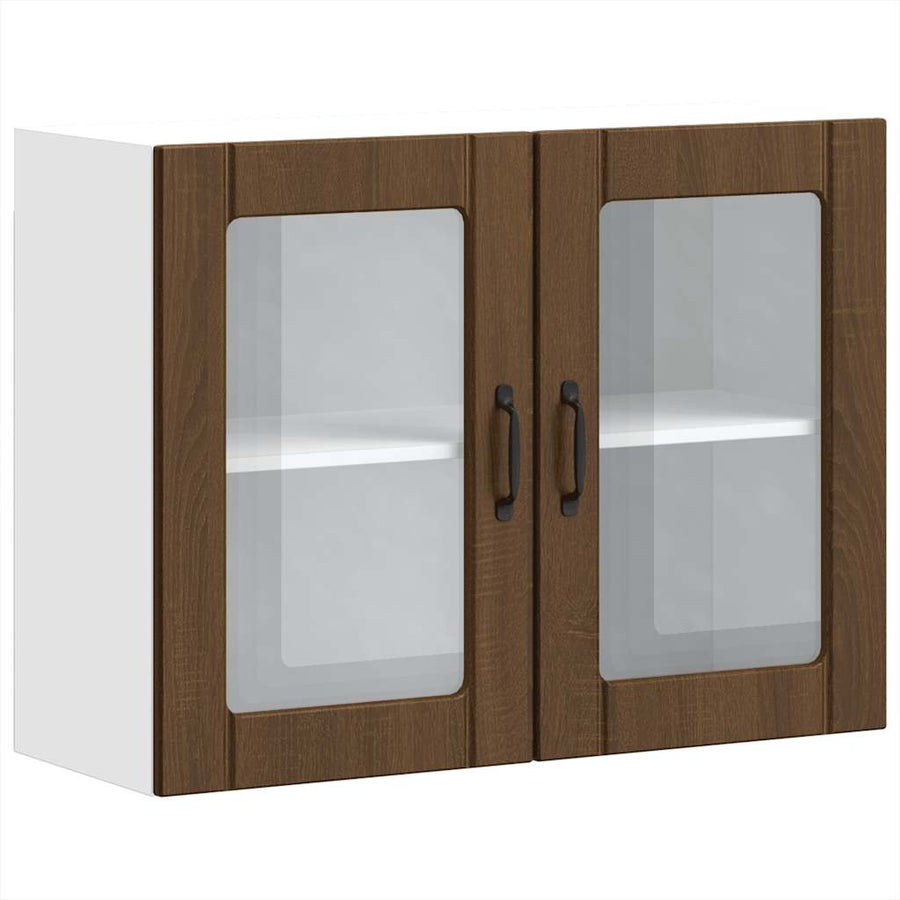 Keukenwandkast met glazen deur bewerkt hout bruin eikenkleur