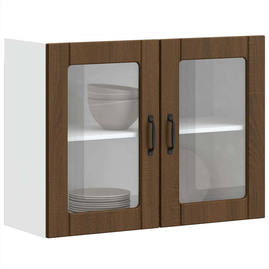 Keukenwandkast met glazen deur bewerkt hout bruin eikenkleur