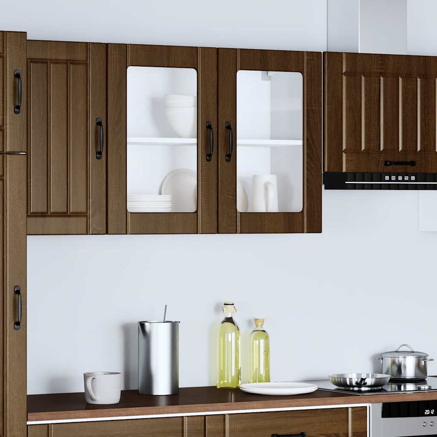 Keukenwandkast met glazen deur bewerkt hout bruin eikenkleur