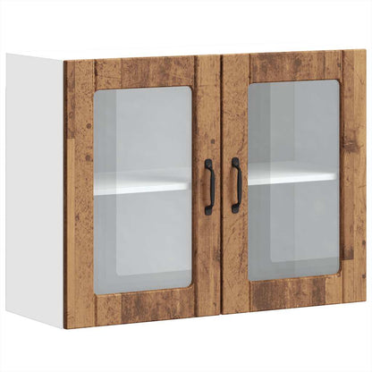 Keukenwandkast met glazen deur bewerkt hout oud houtkleurig