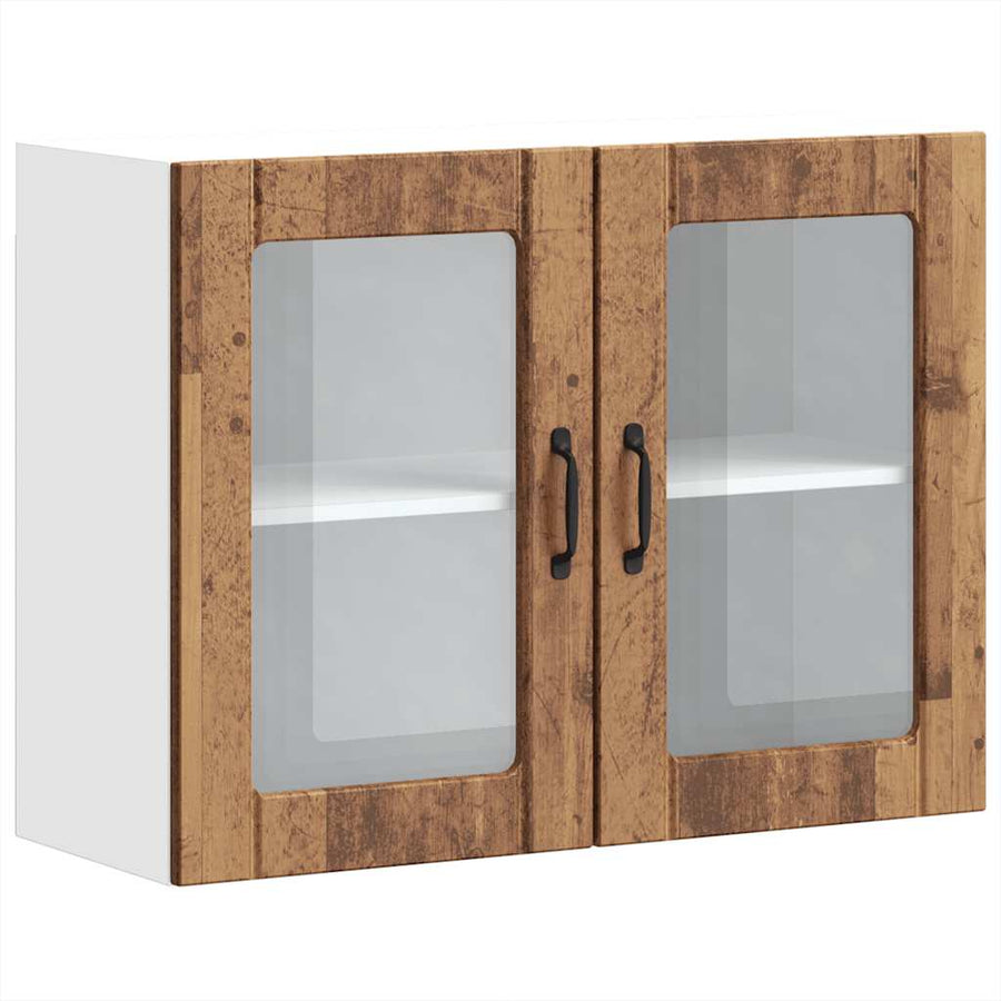 Keukenwandkast met glazen deur bewerkt hout oud houtkleurig