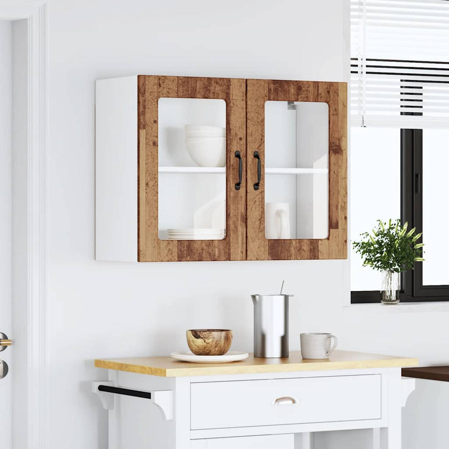 Keukenwandkast met glazen deur bewerkt hout oud houtkleurig