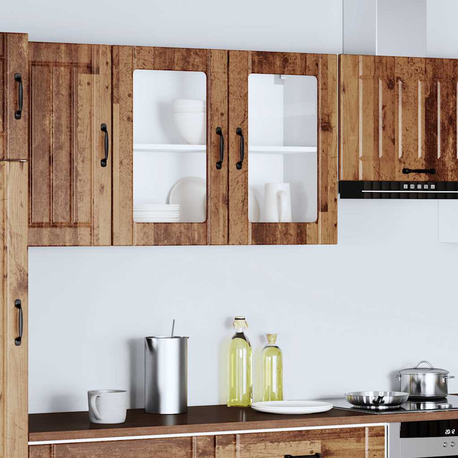 Keukenwandkast met glazen deur bewerkt hout oud houtkleurig