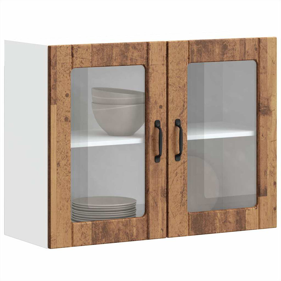 Keukenwandkast met glazen deur bewerkt hout oud houtkleurig