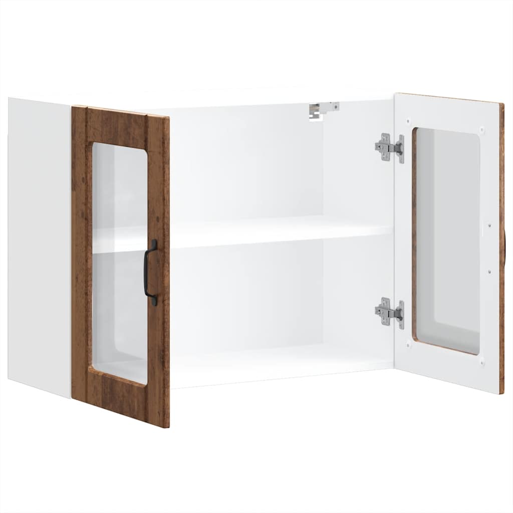 Keukenwandkast met glazen deur bewerkt hout oud houtkleurig