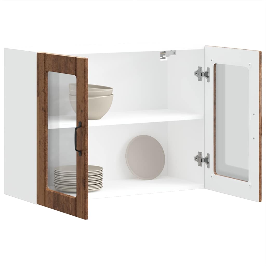 Keukenwandkast met glazen deur bewerkt hout oud houtkleurig